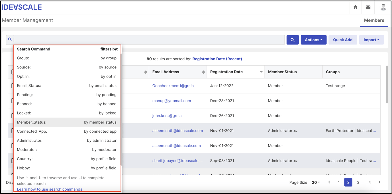 Search commands in Member Dashboard