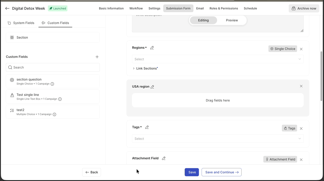 custom field in section